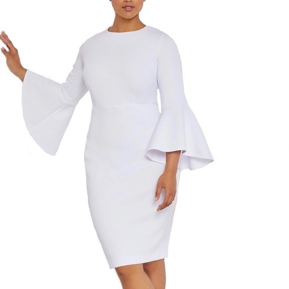 White Long Flare Sleeve Scuba Dress ...